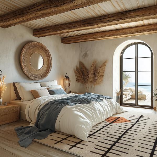 Medelhavssovrum med Berber Ela Design 3D matta med grafiskt mönster